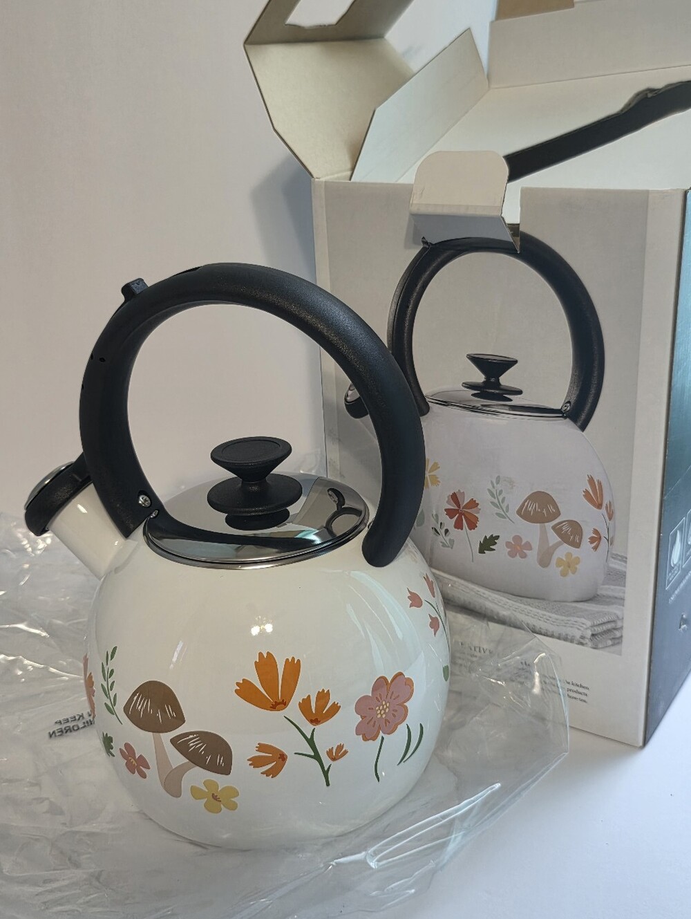 Martha Stewart White Tea Kettle with Black Handle and Floral Mushroom Accents - Picture 5 of 7